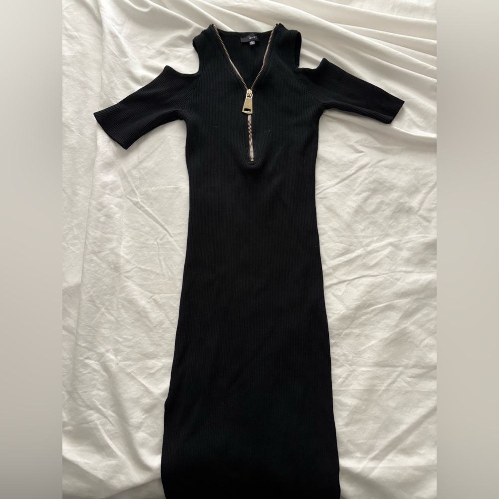 black zip up rib knit dress